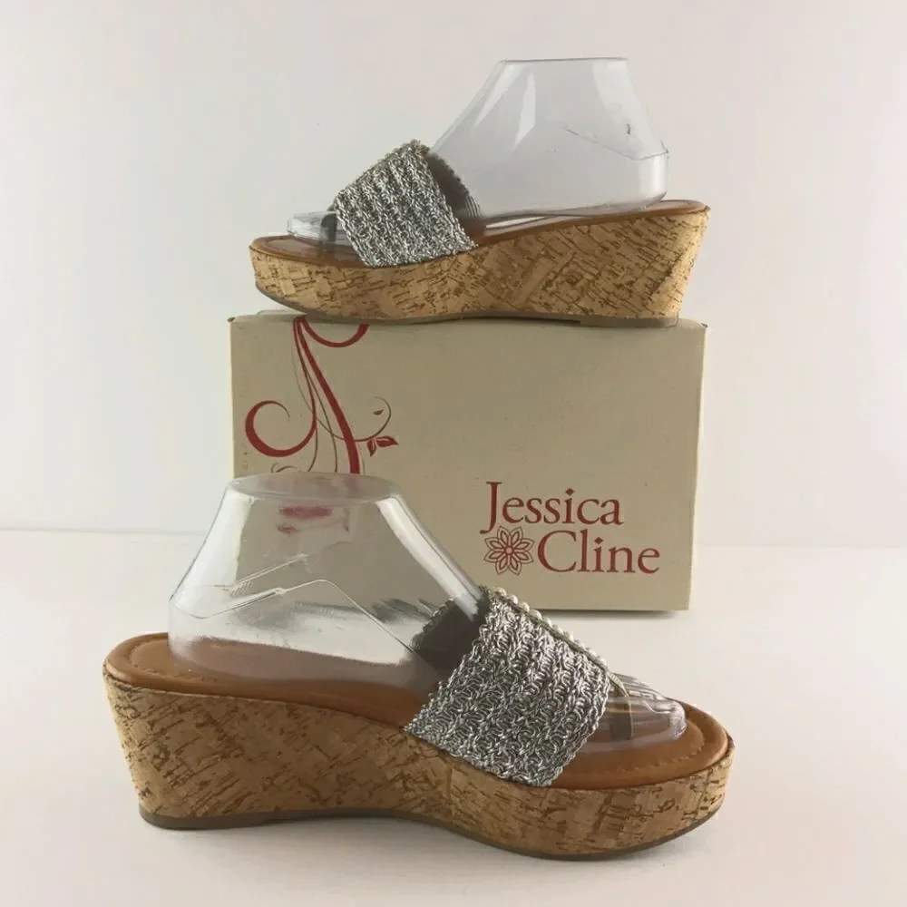Jessica Cline Debut silver cork wedge heel slides